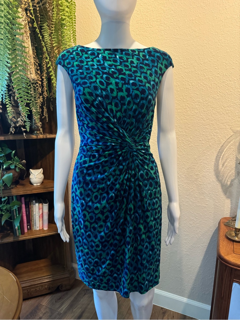 Lauren Ralph Lauren Blue-Green Leopard Twist-Front Midi Dress